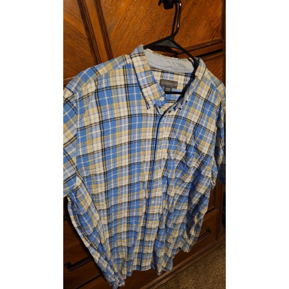 Covington Short Sleeve Shirt Mens 2XL Blue White Yellow Checkered Collar Vintage